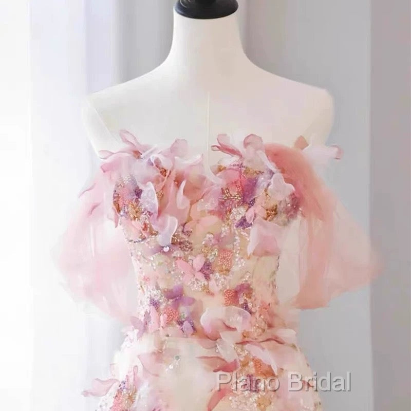 Sexy A Line Off The Shoulder Pink Tulle Floor Length Floral Formal Prom Dresses