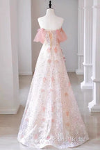 Sexy A Line Off The Shoulder Pink Tulle Floor Length Floral Formal Prom Dresses