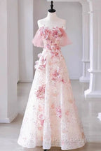 Sexy A Line Off The Shoulder Pink Tulle Floor Length Floral Formal Prom Dresses