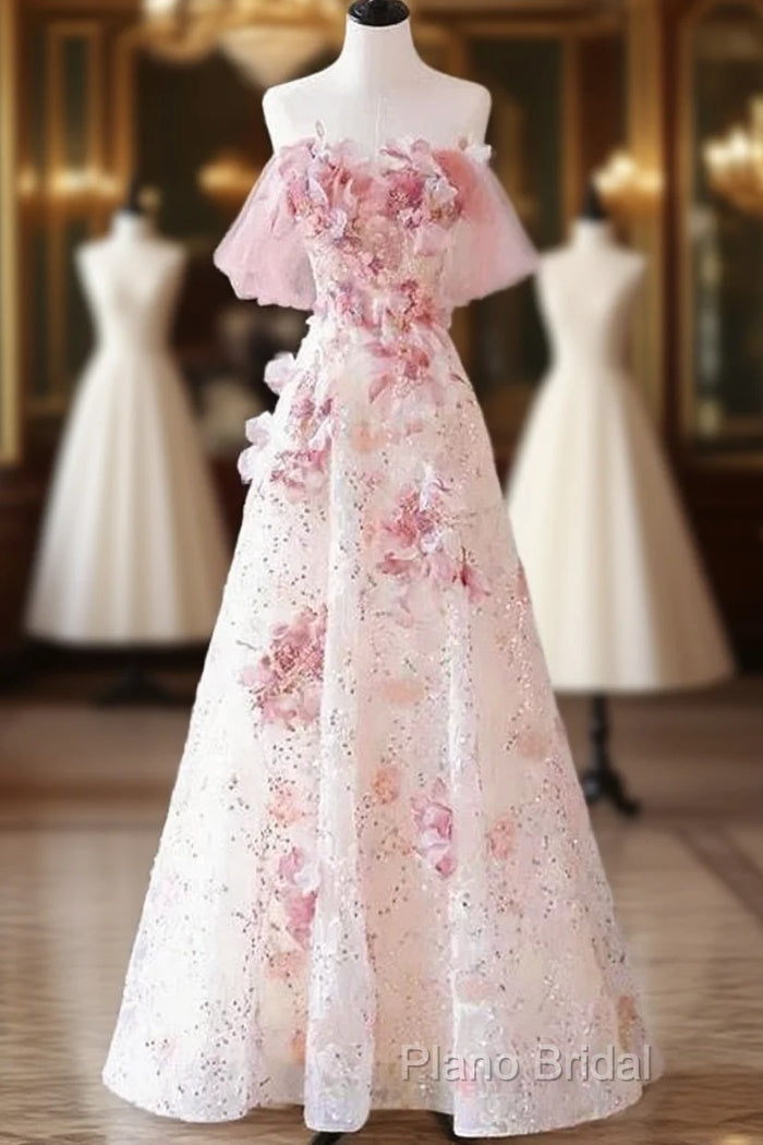 Sexy A Line Off The Shoulder Pink Tulle Floor Length Floral Formal Prom Dresses Main image