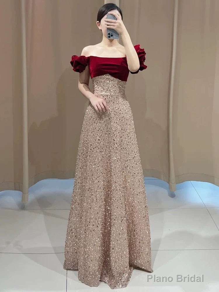 Sexy A Line Off The Shoulder Sequin Floor Length Evening Dress Prom Dresses