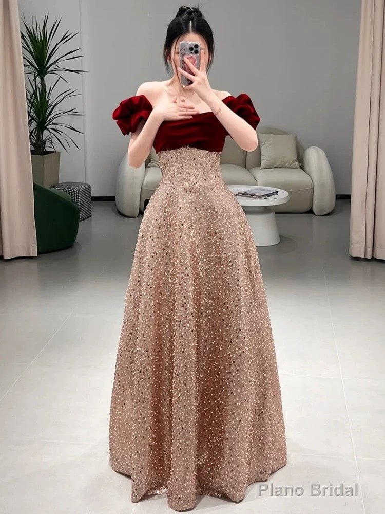 Sexy A Line Off The Shoulder Sequin Floor Length Evening Dress Prom Dresses