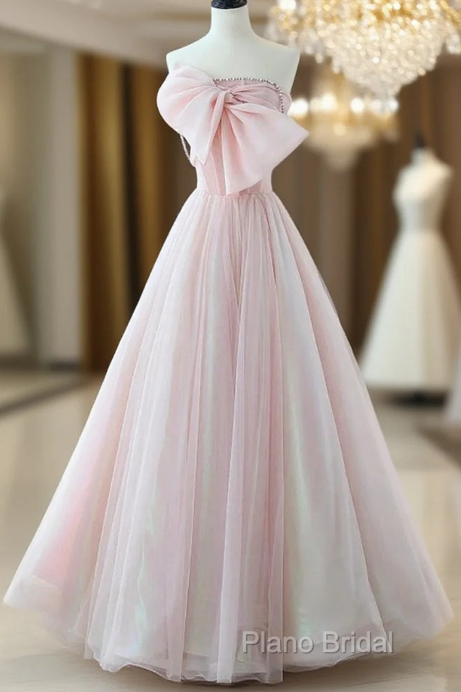 Sexy A-Line Pink Tulle Long Formal Prom Dresses Main image