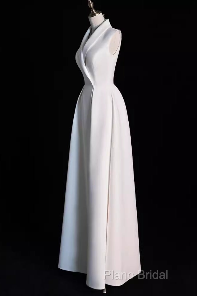 Sexy A Line Satin Party Dresses Long White Formal Prom Dresses