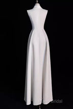 Sexy A Line Satin Party Dresses Long White Formal Prom Dresses