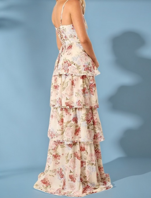 Sexy A Line Spaghetti Straps Floor Length Floral Formal Evening Dresses Chiffon Formal Prom Dresses