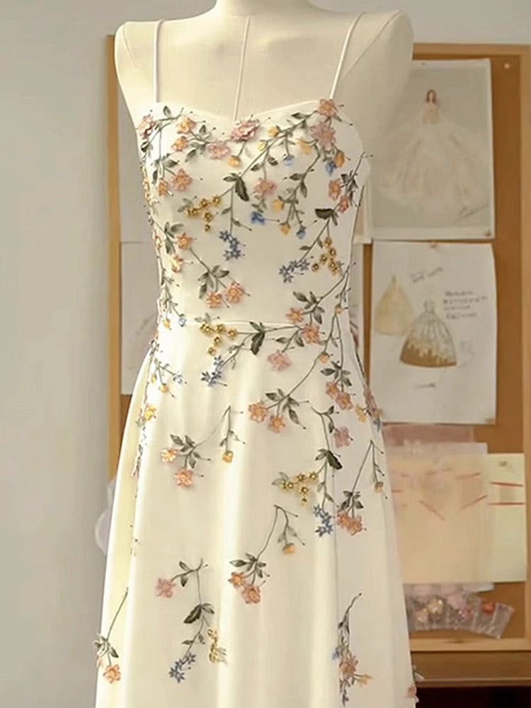 Sexy A Line Spaghetti Straps Ivory Floral Satin Formal Prom Dresses Birthday Outfits Formal Evening Gown
