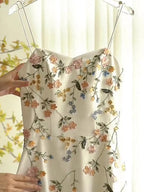 Sexy A Line Spaghetti Straps Ivory Floral Satin Formal Prom Dresses Birthday Outfits Formal Evening Gown