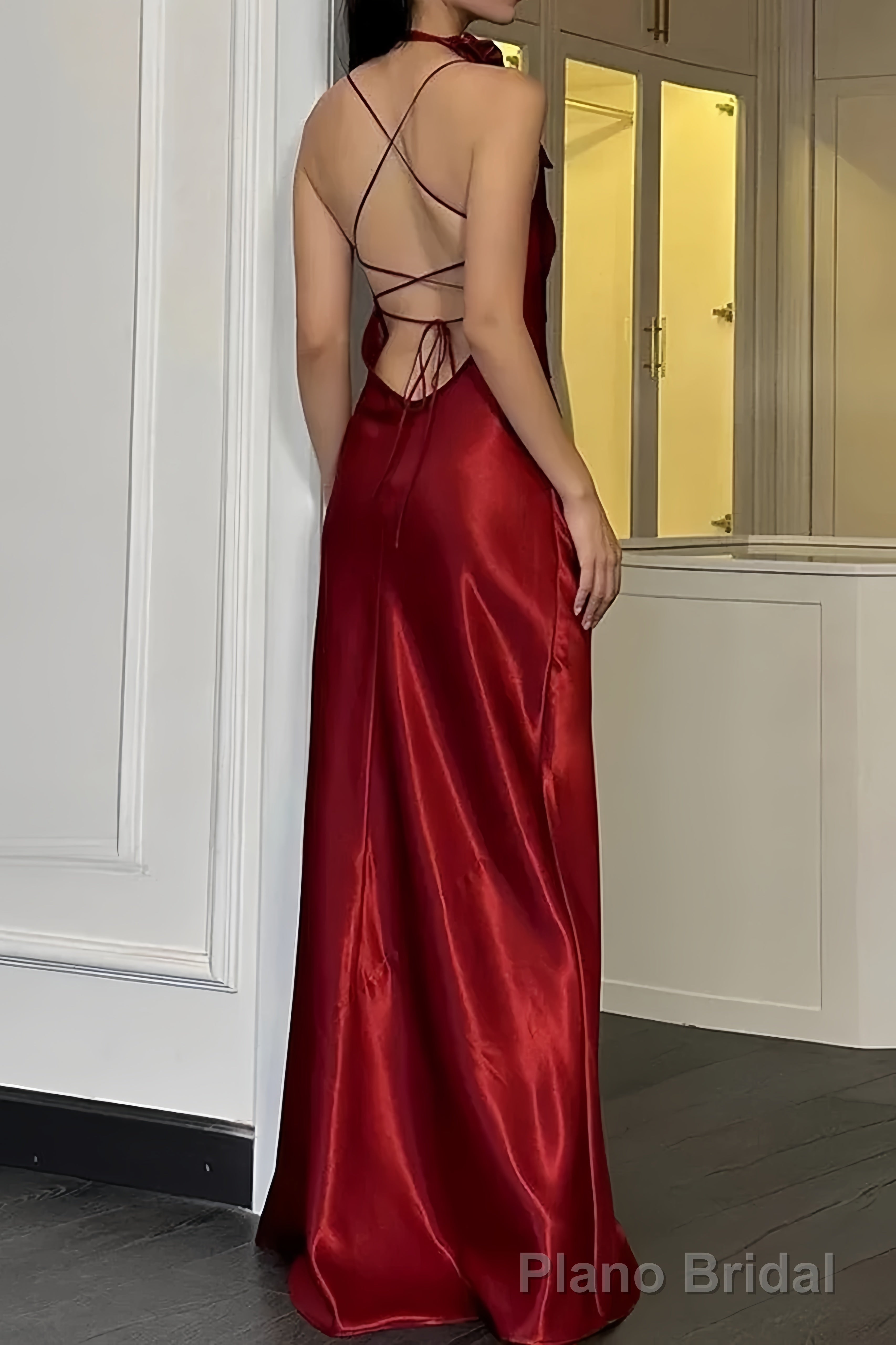 Sexy A Line Spaghetti Straps Red Floor Length Backless Prom Dresses