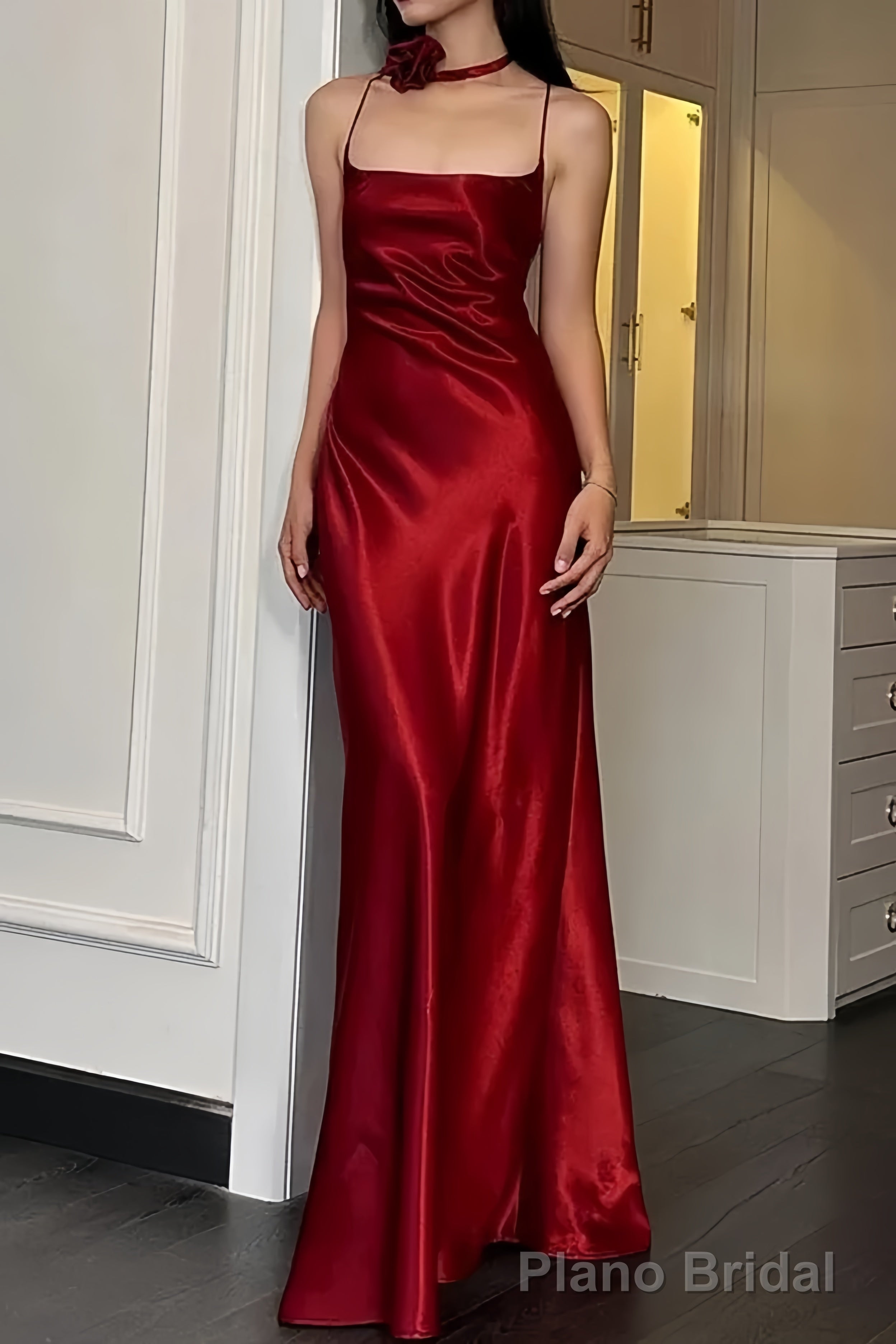 Sexy A Line Spaghetti Straps Red Floor Length Backless Prom Dresses