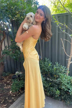 Sexy A Line Spaghetti Straps Yellow Party Dresses Slit Formal Prom Dresses