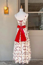 Sexy A Line Square Neckline Sleeveless WomenS Red Floral Holiday Dresses Vacation Dresses Birthday Dresses