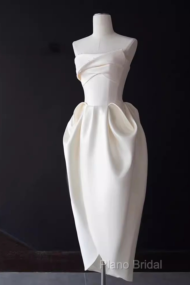 Sexy A Line Strapless Satin White Tea Length Wedding Dresses Brides Dresses Secondary image