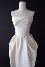 Sexy A Line Strapless Satin White Tea Length Wedding Dresses Brides Dresses