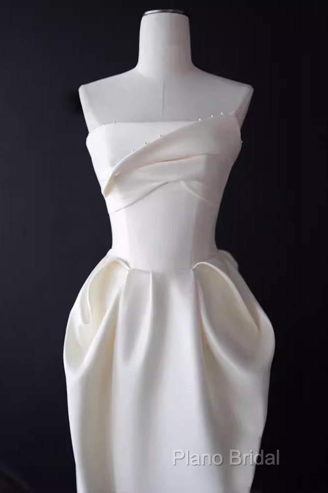 Sexy A Line Strapless Satin White Tea Length Wedding Dresses Brides Dresses