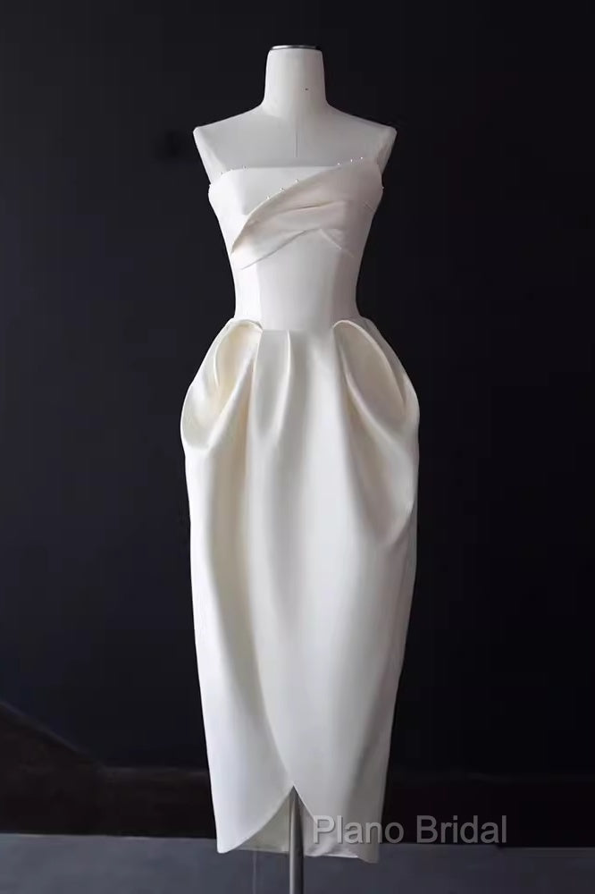 Sexy A Line Strapless Satin White Tea Length Wedding Dresses Brides Dresses