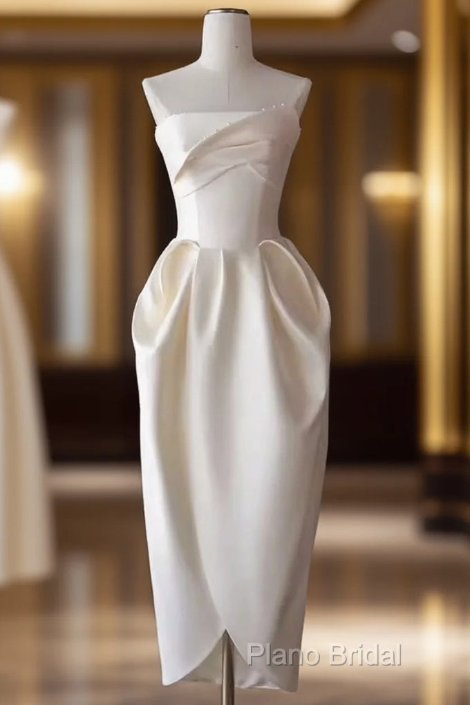 Sexy A Line Strapless Satin White Tea Length Wedding Dresses Brides Dresses Main image