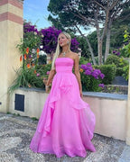 Sexy A Line Strapless Sleeveless Party Dresses Pink Formal Prom Dresses