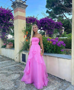Sexy A Line Strapless Sleeveless Party Dresses Pink Formal Prom Dresses