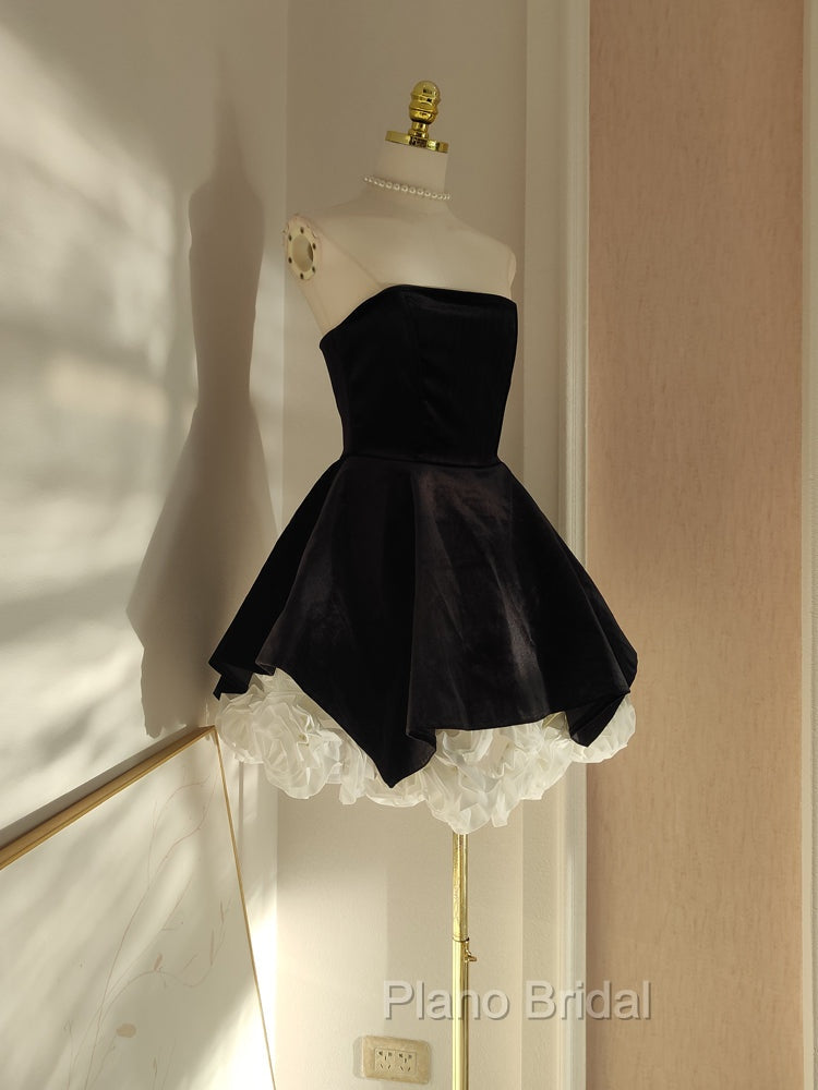 Sexy A Line Strapless Velvet Black Holiday Dresses Travel Vacation Dresses Short Birthday Dresses