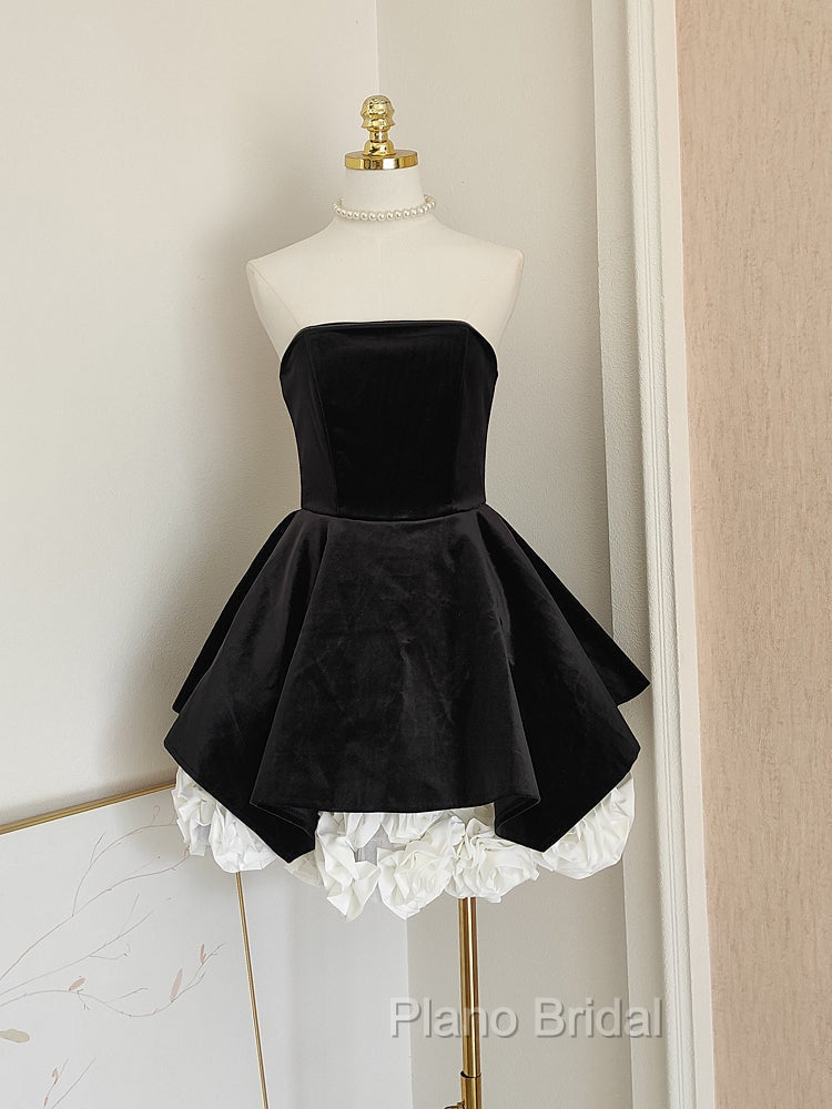 Sexy A Line Strapless Velvet Black Holiday Dresses Travel Vacation Dresses Short Birthday Dresses