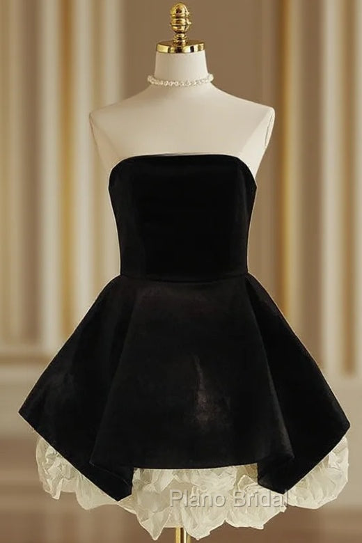 Sexy A Line Strapless Velvet Black Holiday Dresses Travel Vacation Dresses Short Birthday Dresses