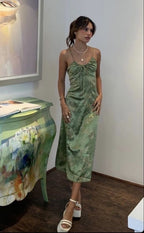 Sexy A Line Straps Green Floral Formal Prom Dresses Formal Evening Dresses
