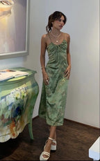 Sexy A Line Straps Green Floral Formal Prom Dresses Formal Evening Dresses