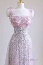 Sexy A Line Straps Lilac Sequin Formal Prom Dresses