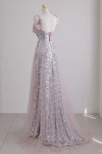 Sexy A Line Straps Lilac Sequin Formal Prom Dresses