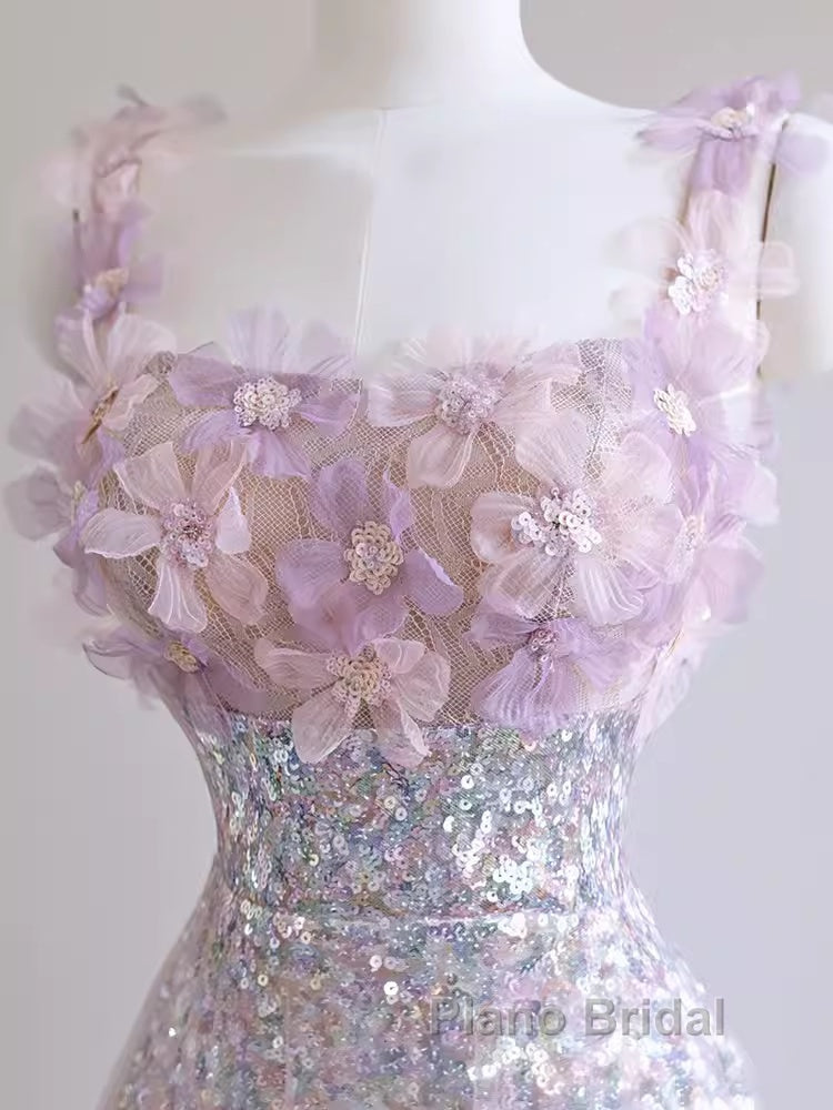 Sexy A Line Straps Lilac Sequin Formal Prom Dresses