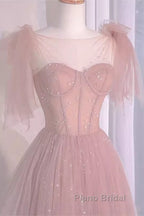 Sexy A Line Straps Neckline Long Pink Formal Prom Dresses