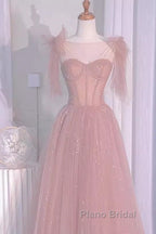 Sexy A Line Straps Neckline Long Pink Formal Prom Dresses