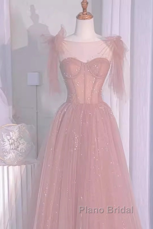 Sexy A Line Straps Neckline Long Pink Formal Prom Dresses