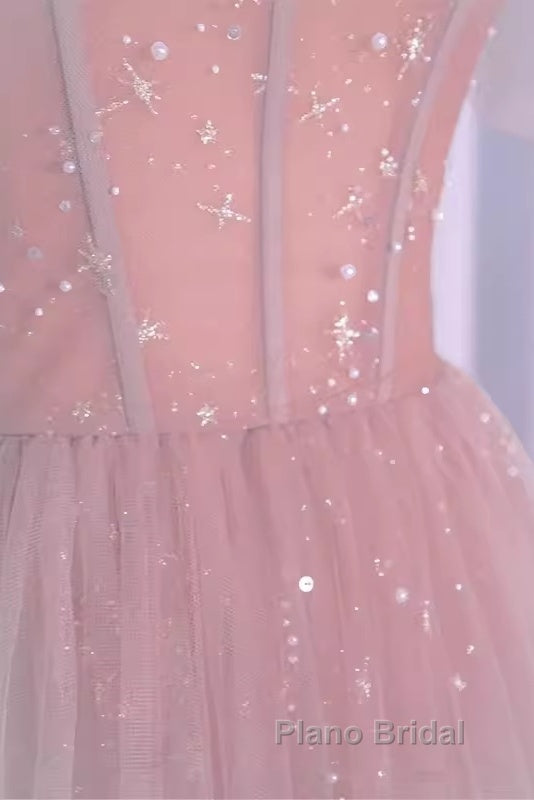 Sexy A Line Straps Neckline Long Pink Formal Prom Dresses