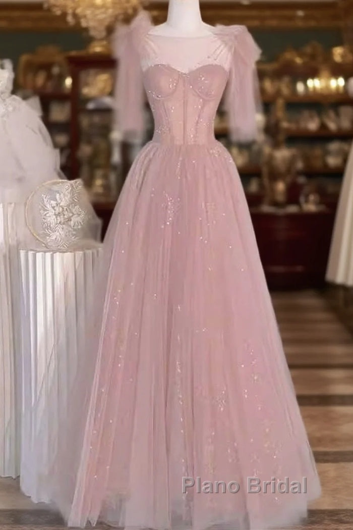 Sexy A Line Straps Neckline Long Pink Formal Prom Dresses
