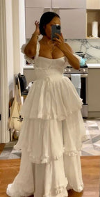 Sexy A Line Straps Ruffles Floor Length Chiffon White Formal Prom Dresses 1697