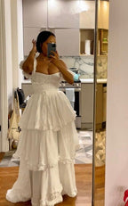 Sexy A Line Straps Ruffles Floor Length Chiffon White Formal Prom Dresses 1697