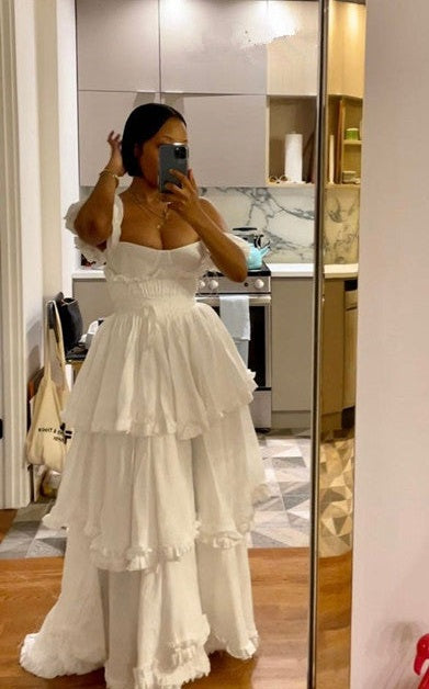 Sexy A Line Straps Ruffles Floor Length Chiffon White Formal Prom Dresses 1697