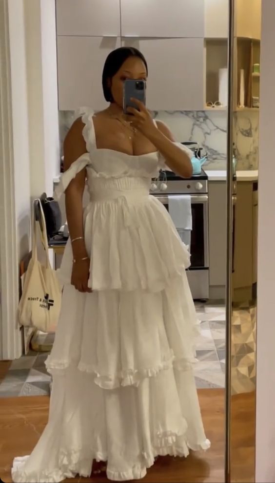 Sexy A Line Straps Ruffles Floor Length Chiffon White Formal Prom Dresses 1697 Main image