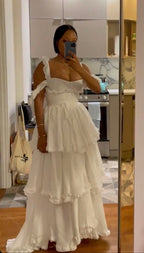 Sexy A Line Straps Ruffles Floor Length Chiffon White Formal Prom Dresses