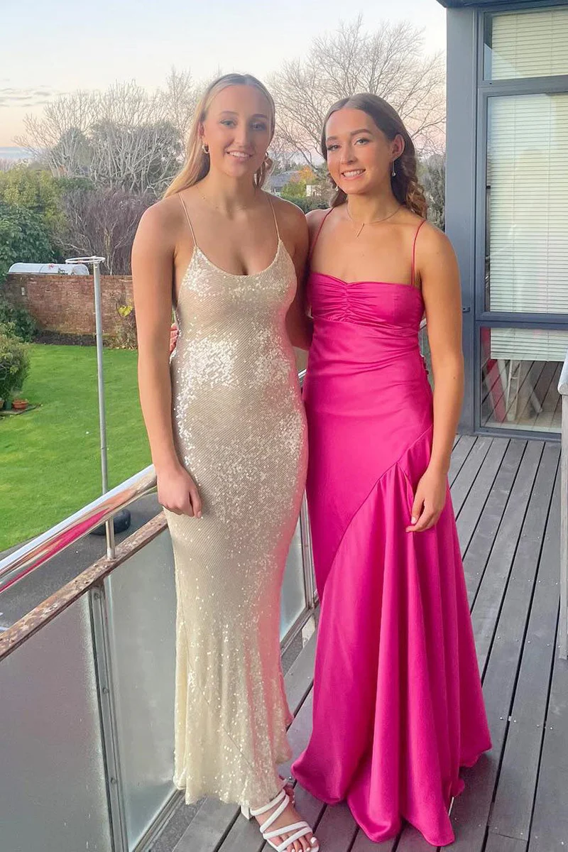 Sexy A Line Straps Sleeveless Party Dresses Hot Pink Side Slit Formal Prom Dresses Secondary image