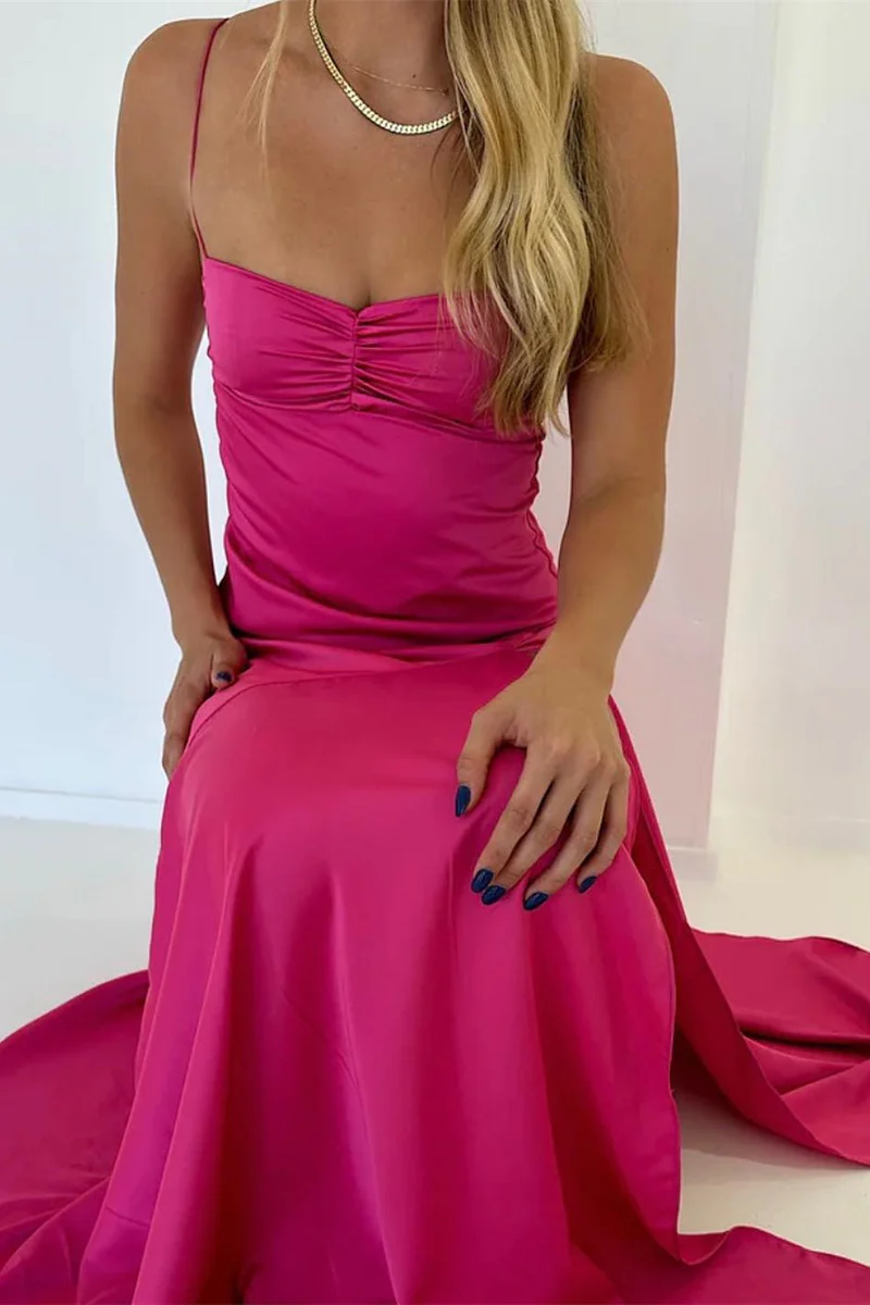 Sexy A Line Straps Sleeveless Party Dresses Hot Pink Side Slit Formal Prom Dresses