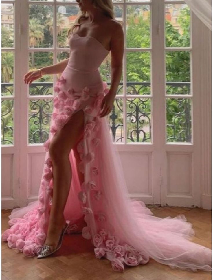 Sexy A Line Sweetheart Sleeveless Party Dresses Pink Slit Flowers Formal Prom Dresses