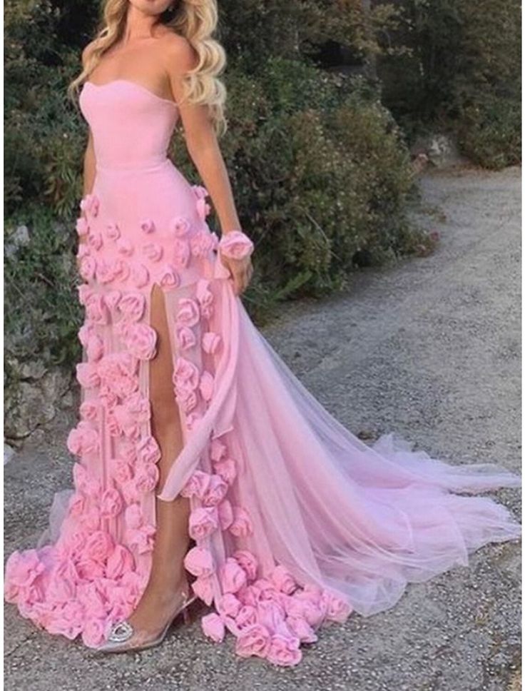 Sexy A Line Sweetheart Sleeveless Party Dresses Pink Slit Flowers Formal Prom Dresses