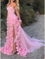 Sexy A Line Sweetheart Sleeveless Party Dresses Pink Slit Flowers Formal Prom Dresses