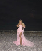 Sexy A Line Sweetheart Sleeveless Party Dresses Pink Slit Flowers Formal Prom Dresses