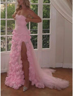 Sexy A Line Sweetheart Sleeveless Party Dresses Pink Slit Flowers Formal Prom Dresses