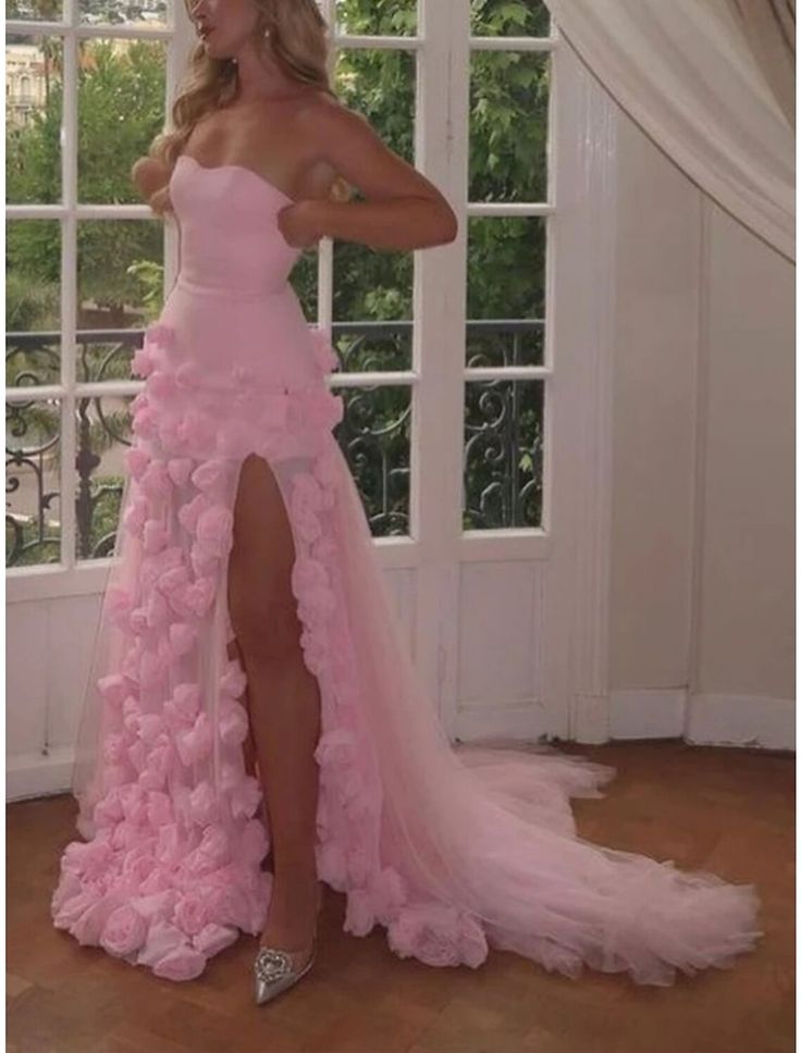 Sexy A Line Sweetheart Sleeveless Party Dresses Pink Slit Flowers Formal Prom Dresses