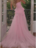 Sexy A Line Sweetheart Sleeveless Party Dresses Pink Slit Flowers Formal Prom Dresses
